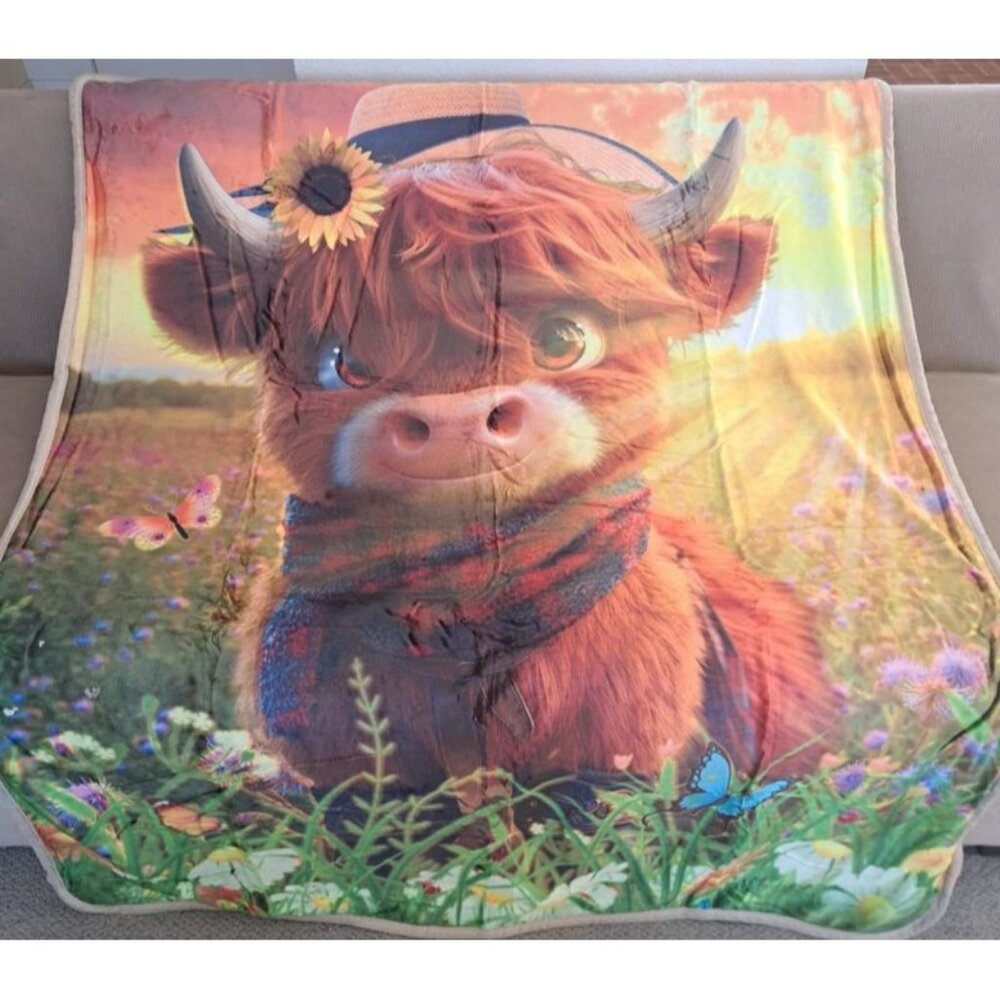 Highland Cow Calf Cattle Sherpa Plush Throw Gift Blanket Art New Daisy Sunshine - Picture 2 of 7